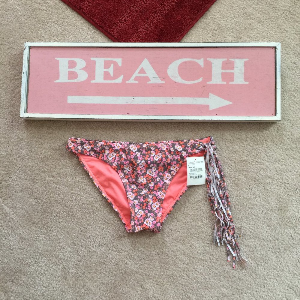 BP S Floral Bikini Swim Bottom Side Tassel Accent
